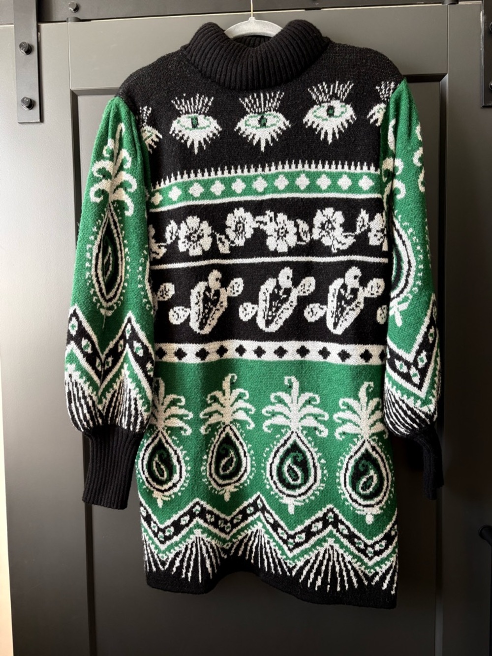 FARM Rio Black, Green & White Patterned Long-Sleeve Knit Dress - Picture 5 of 9